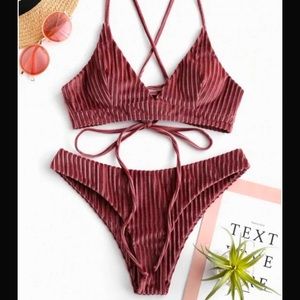 ZAFUL velvet ribbed lace up bikini